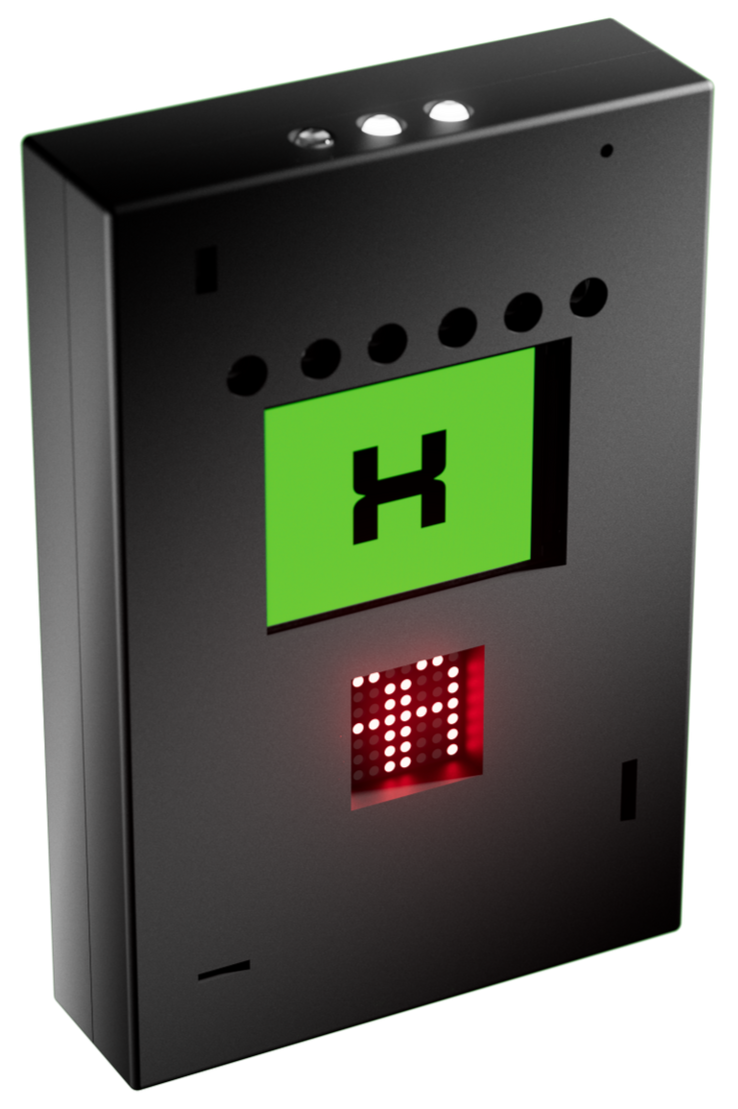 Black rectangular device with small screen, buttons, and grid, likely for data storage or processing.