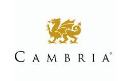 A logo for cambria with a dragon on a white background.
