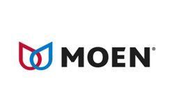 The moen logo is red , blue and black on a white background.