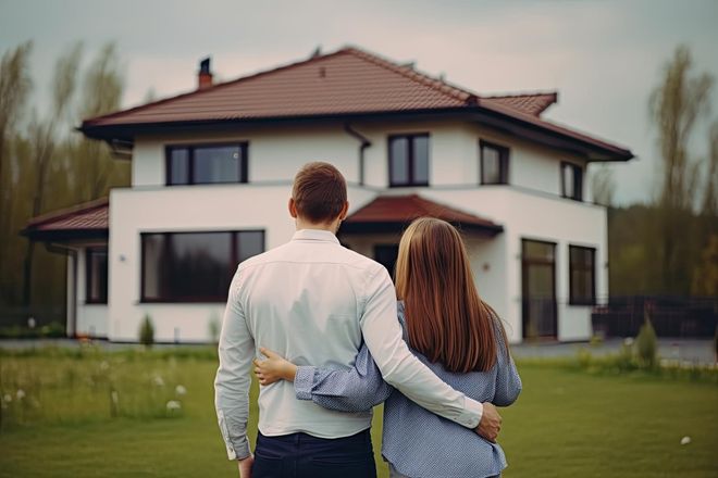 Couple standing in a lawn facing a modern two-story house with a red roof