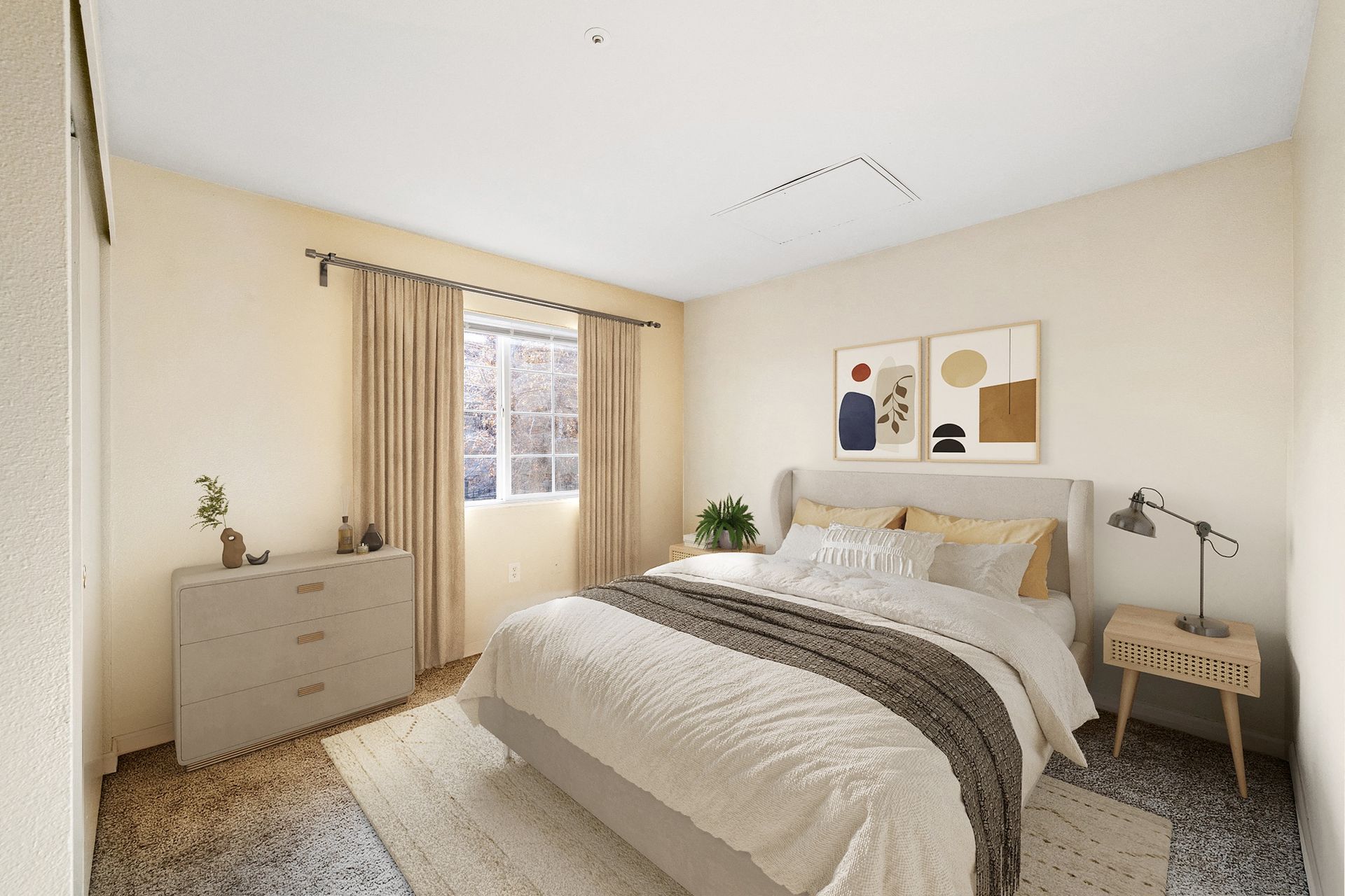Neutral-toned bedroom with a queen bed, dresser, nightstand, and a window with beige curtains.