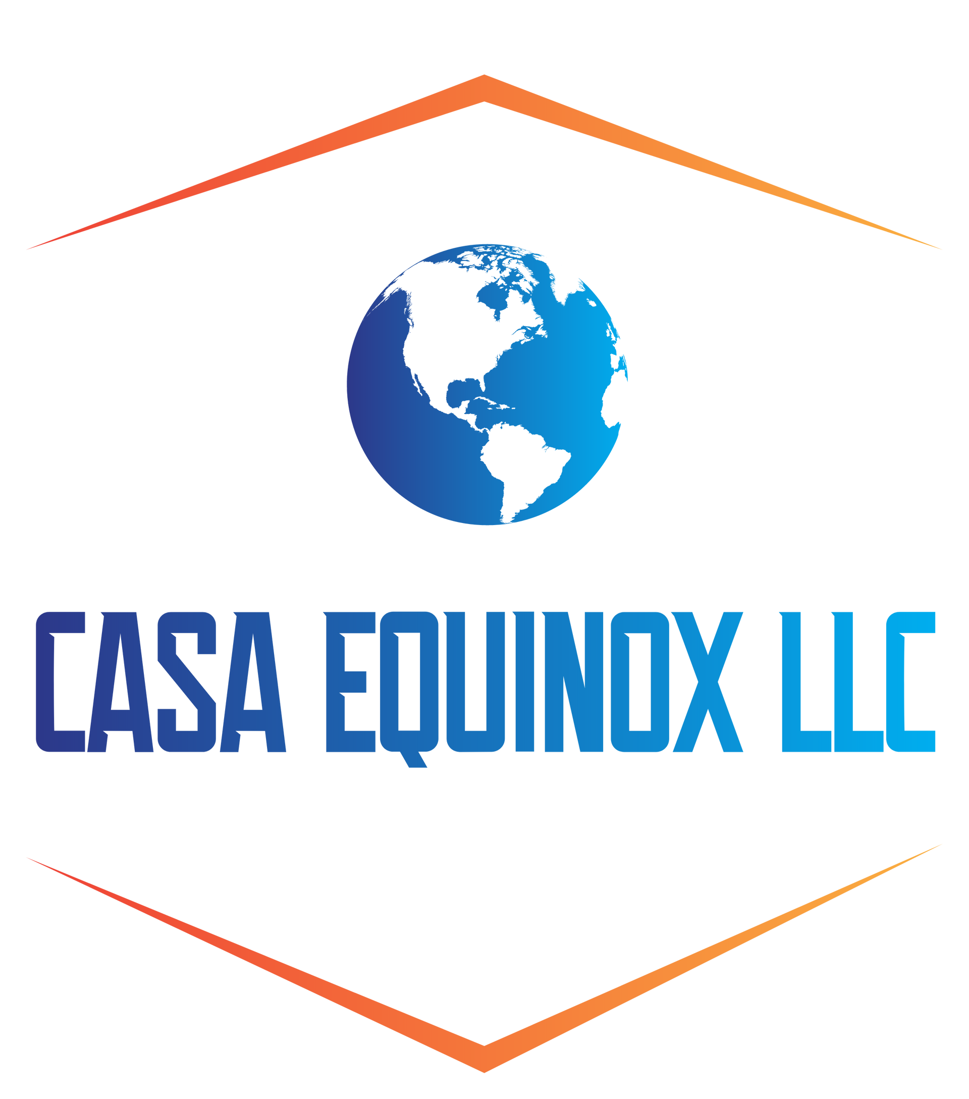 Logo for Casa Equinox LLC: globe above blue text within orange and white hexagon.