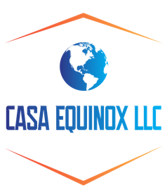 Logo for Casa Equinox LLC: globe above blue text within orange and white hexagon.