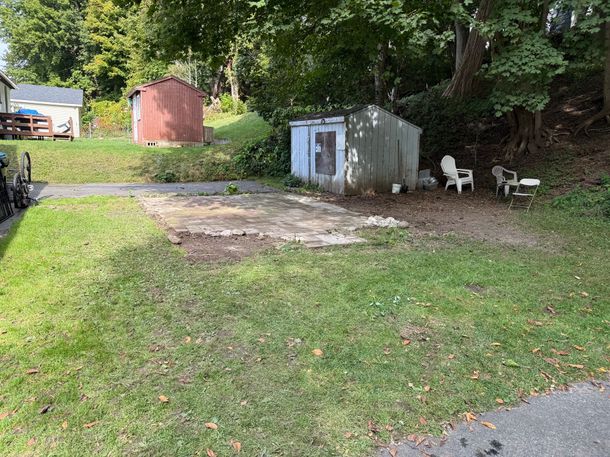Yard with a concrete pad, small shed, red shed, and two white dogs near trees
