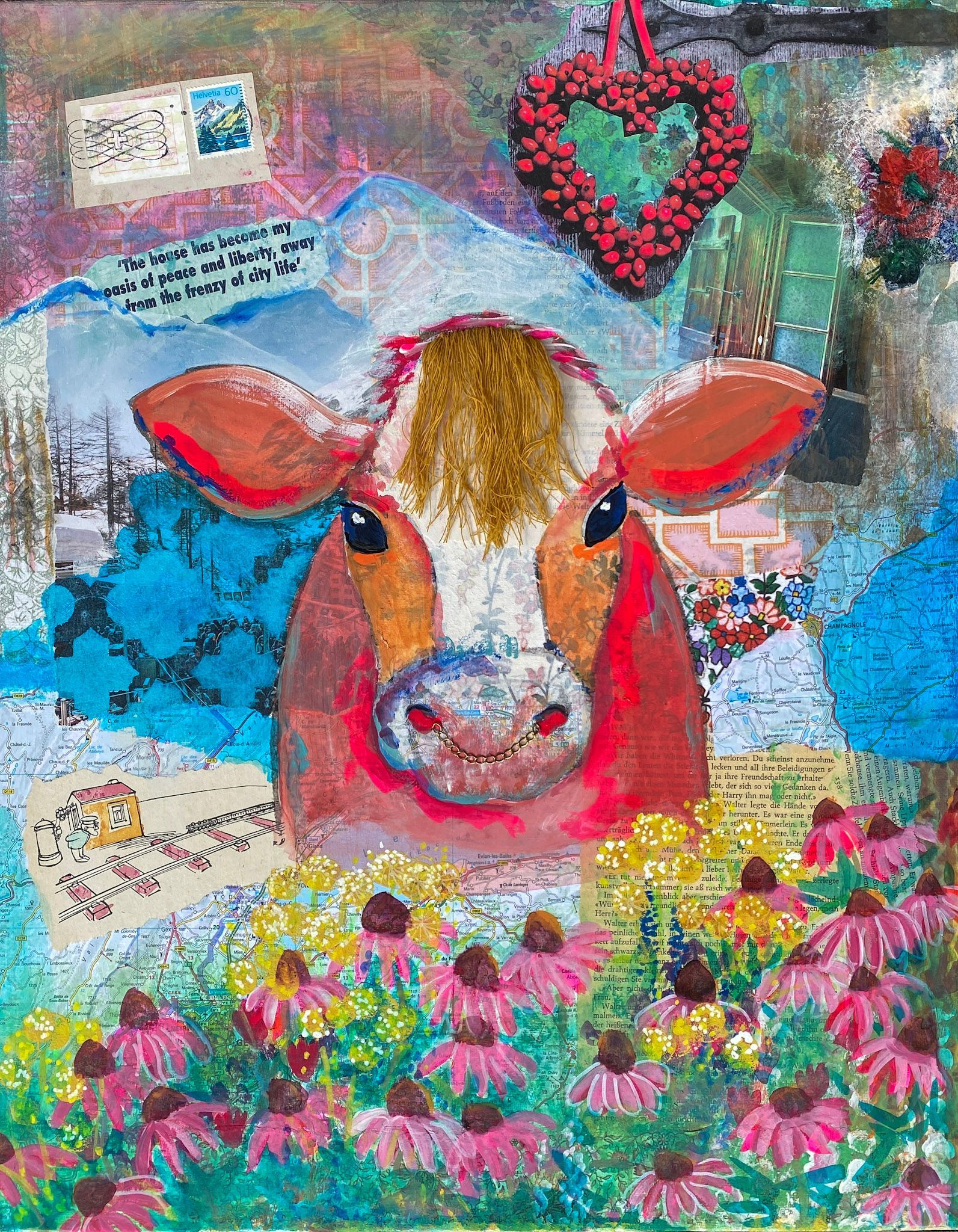 Farbenfrohes Kuhporträt mit rosa Blumen, blauen Bergen und Herzverzierungen.