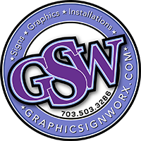Circular logo for Graphic Sign Worx featuring the purple letters 