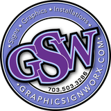 Circular logo for Graphic Sign Worx featuring the purple letters 
