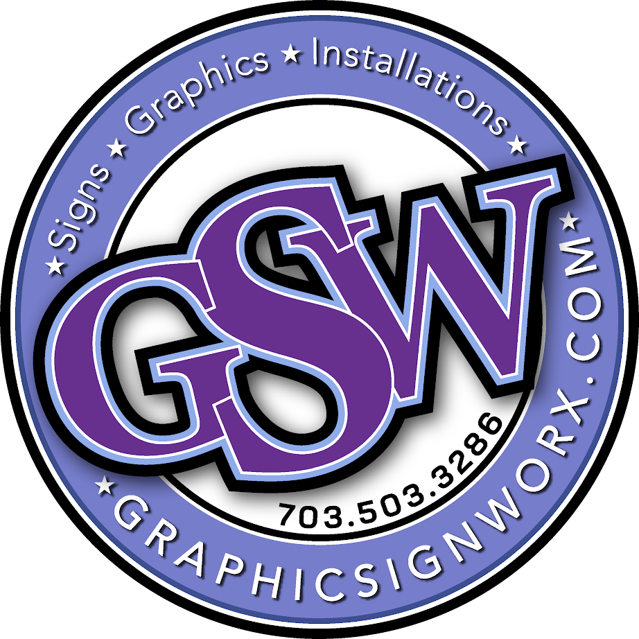Circular logo for Graphic Sign Worx featuring the purple letters