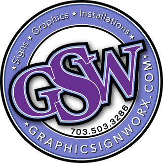 Circular logo for Graphic Sign Worx featuring the purple letters 