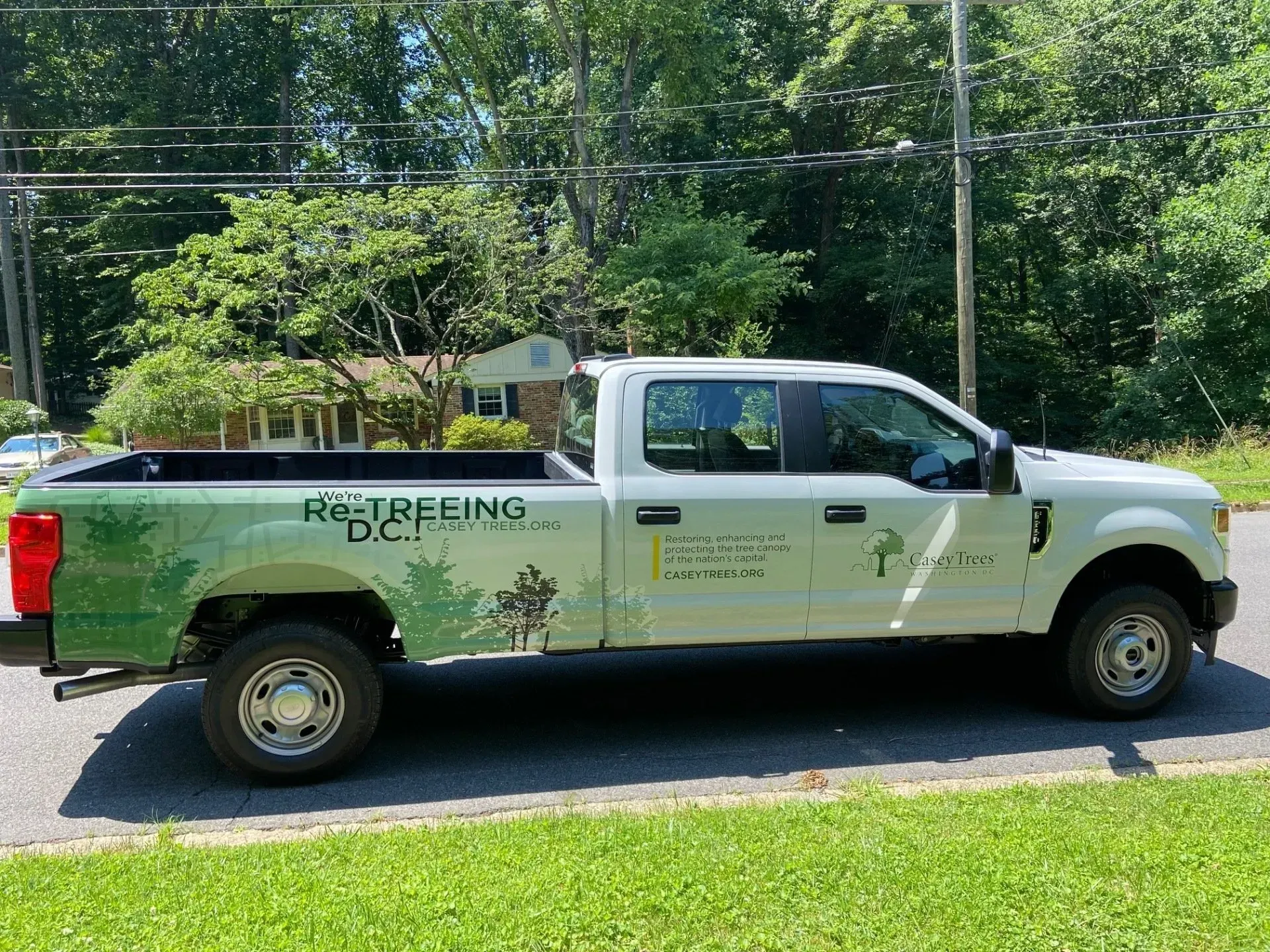 A white pickup truck with green graphic decals for ReTreeing D.C. parked on a paved road with trees in the background.