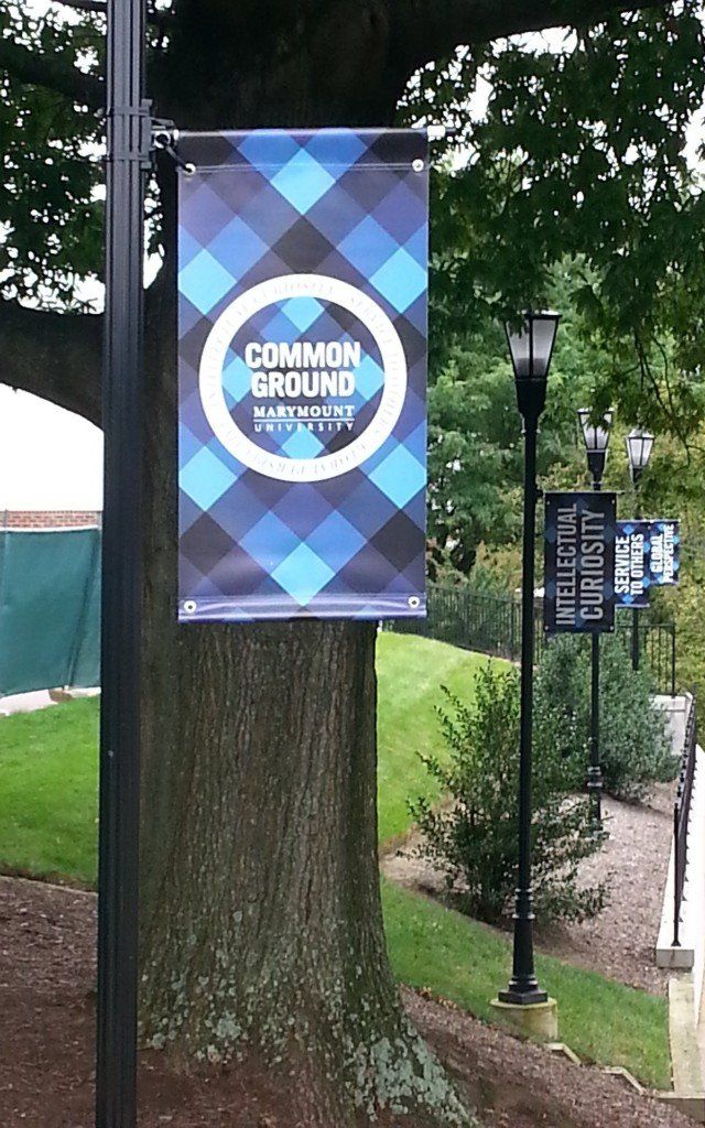 Common Ground festival banner on a lamppost beside a tree-lined path.
