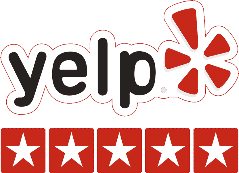 Yelp logo in black text with a red starburst icon, positioned above a row of five solid red squares, each containing a star.