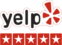 Yelp logo in black text with a red starburst icon, positioned above a row of five solid red squares, each containing a star.