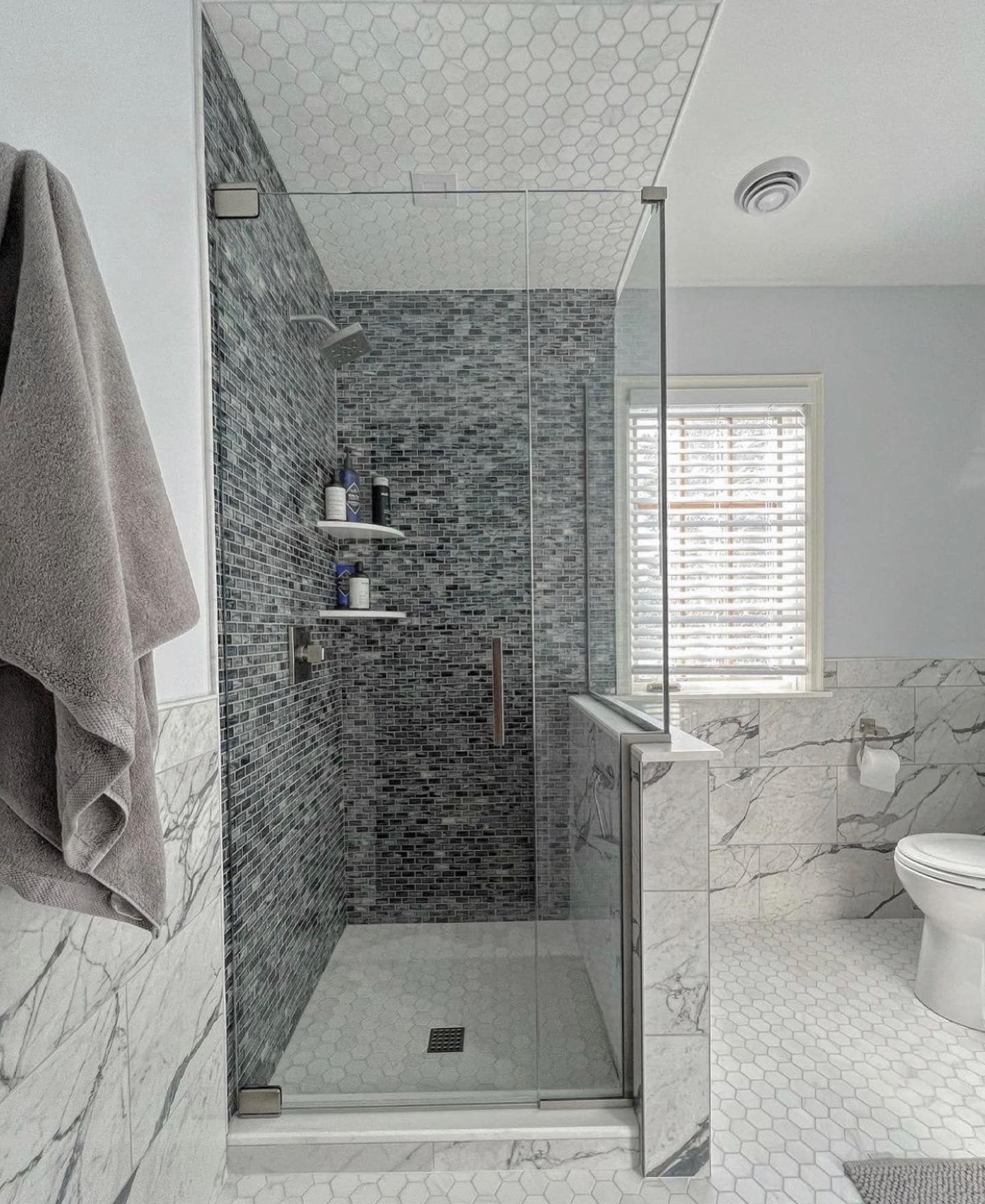 A bathroom with a walk in shower and a toilet.