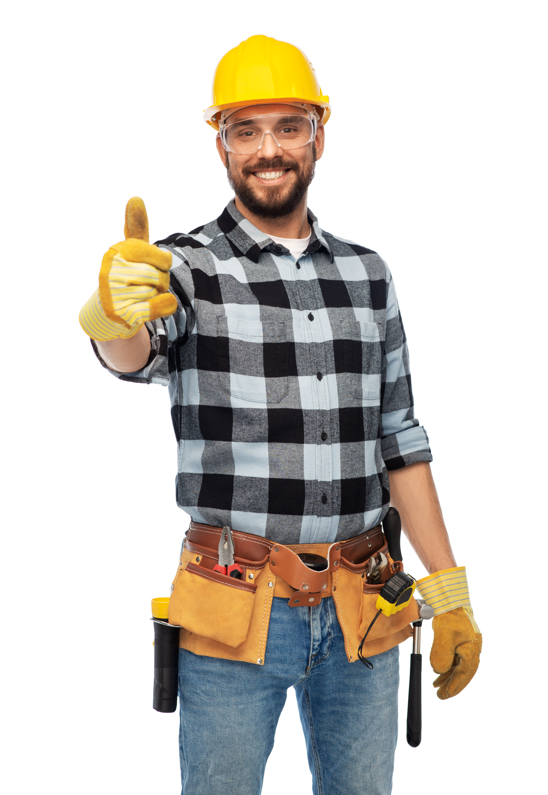 A man wearing a hard hat and gloves is giving a thumbs up.