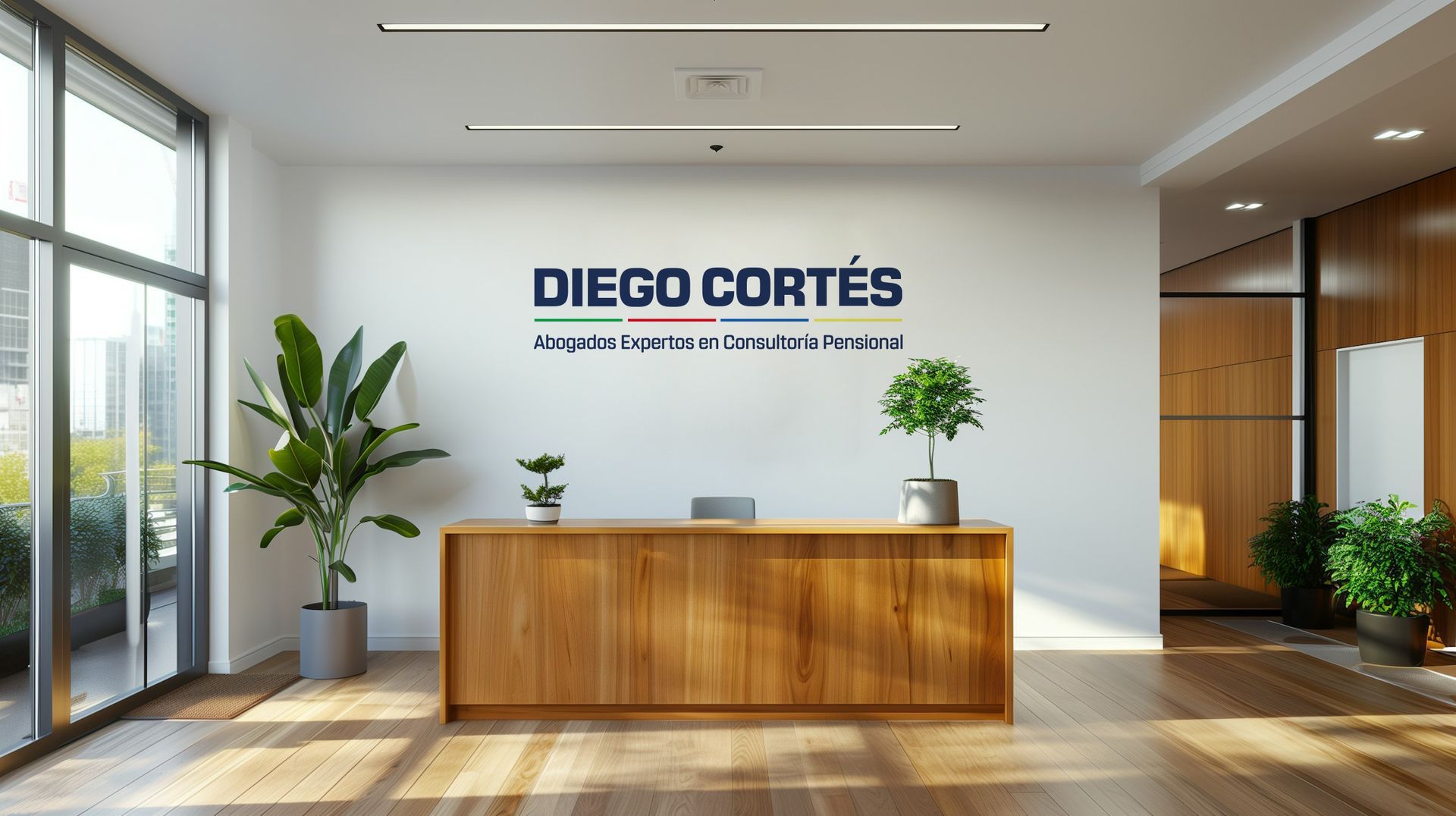 Un área de recepción con un escritorio de madera y un cartel en la pared que dice diego cortes.