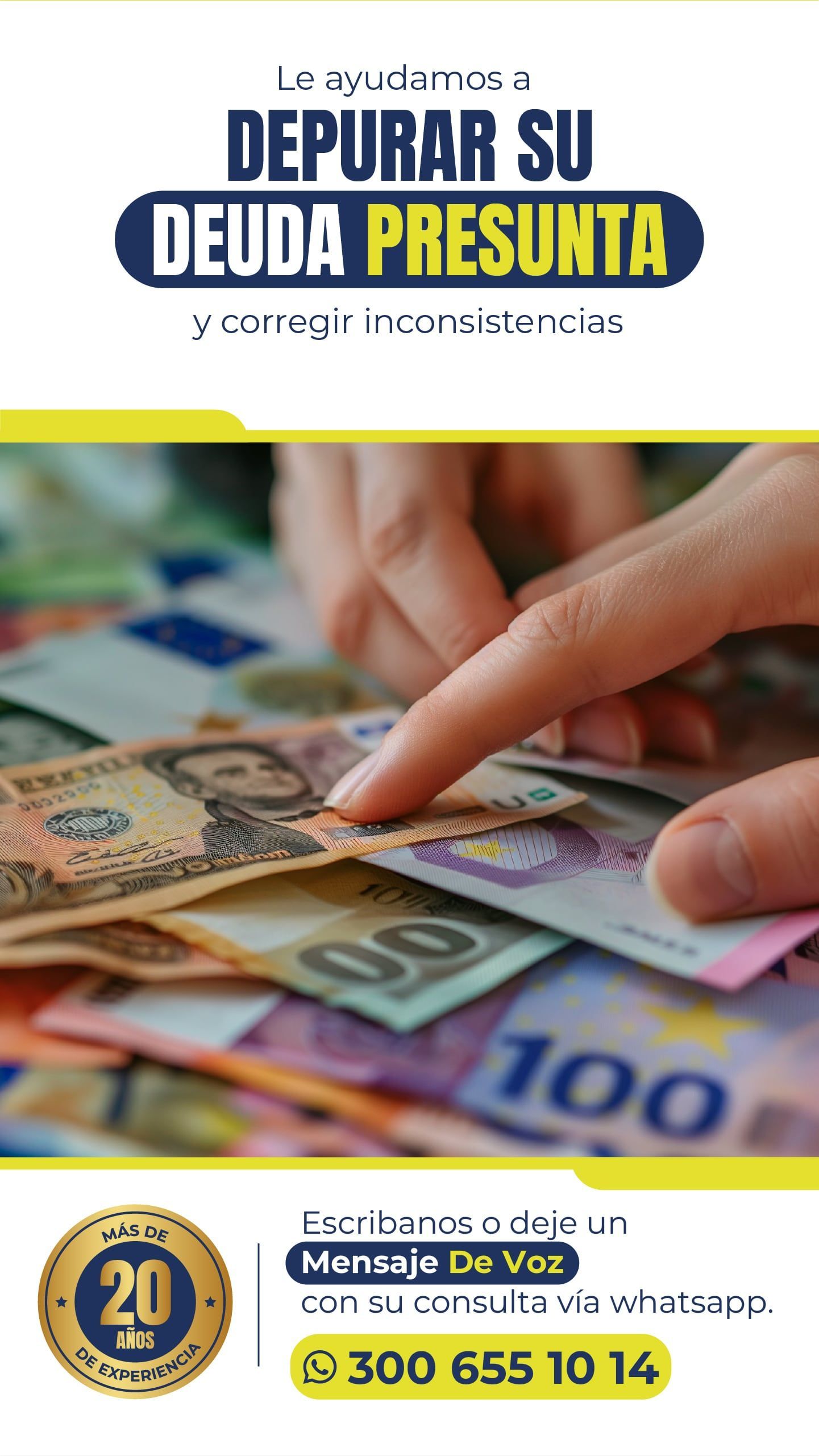 Una persona señala una pila de dinero con las palabras depurar su deuda presunta