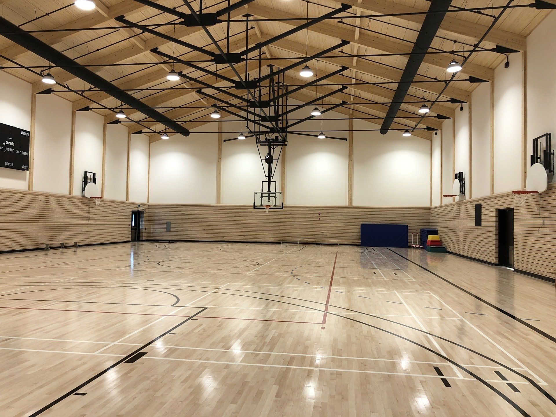 Gymnase intérieur vide avec sol, murs et plafond en bois, paniers de basket et lignes de marquage.