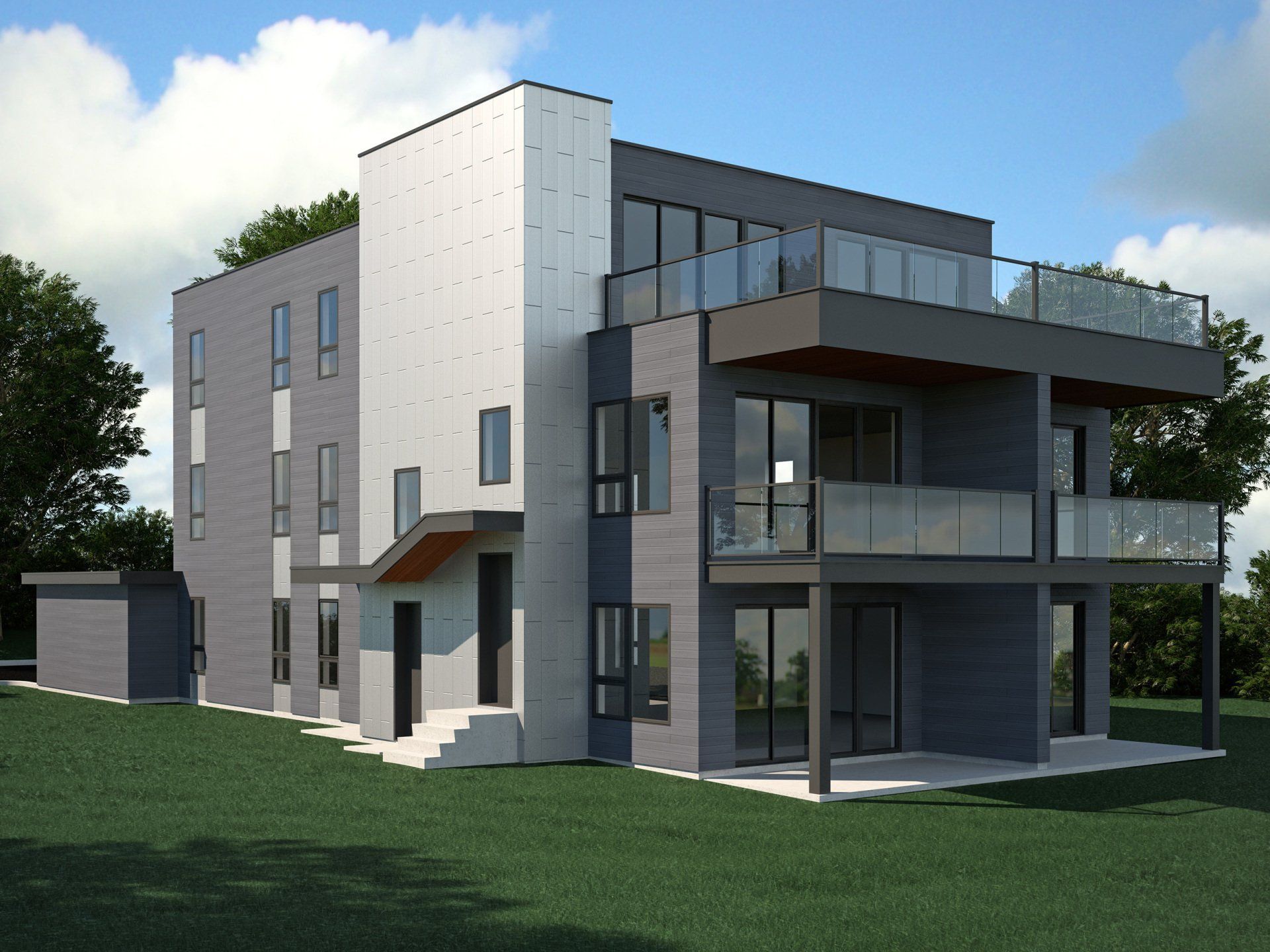 Immeuble moderne à plusieurs étages, avec une façade grise et blanche et des balcons vitrés, situé sur une colline herbeuse.