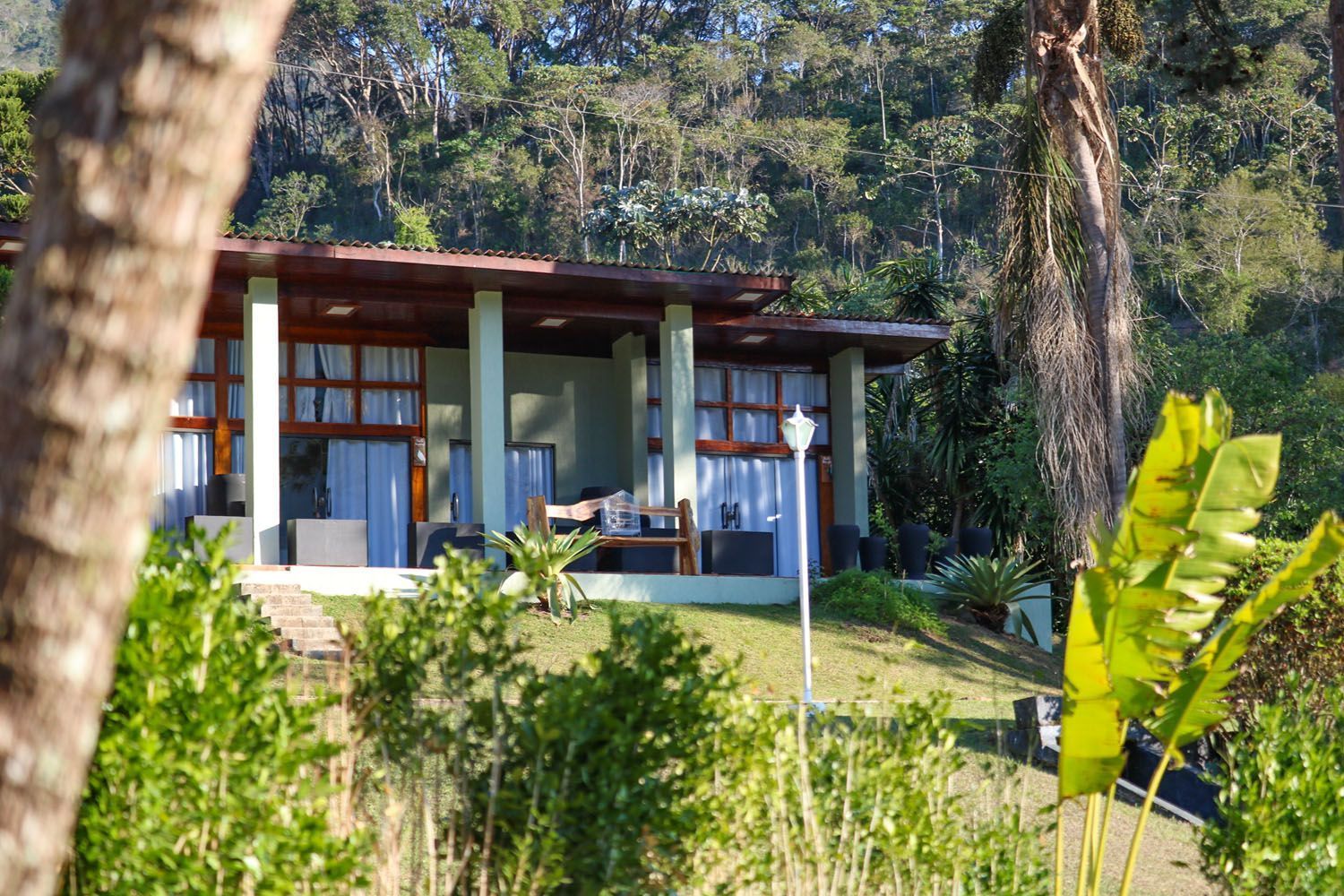 Pequena casa com varanda azul e grandes janelas em meio à exuberante vegetação tropical.