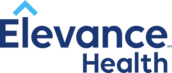 The elevance health logo is blue and white with a blue arrow pointing up.