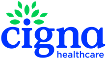 The cigna healthcare logo is blue and green with a flower in the middle.
