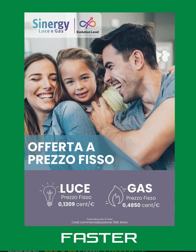 Famiglia sorridente che pubblicizza un'offerta di luce e gas a prezzo fisso. Include lampadine, icone di fiamme e dettagli sui prezzi.