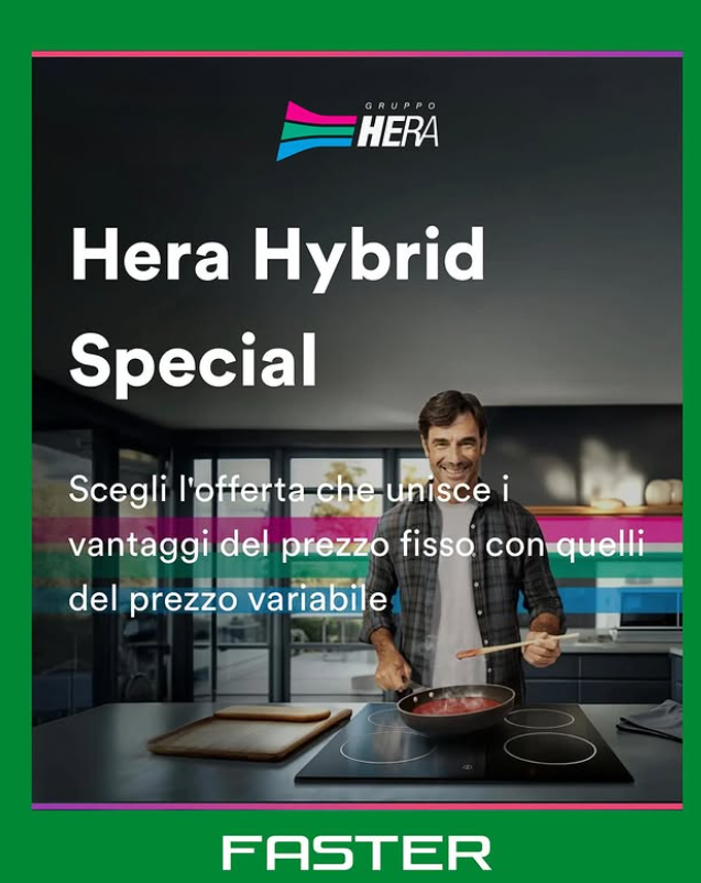 Pubblicità per Hera Hybrid Offerta speciale: un uomo che cucina in cucina, testo su sfondo scuro.