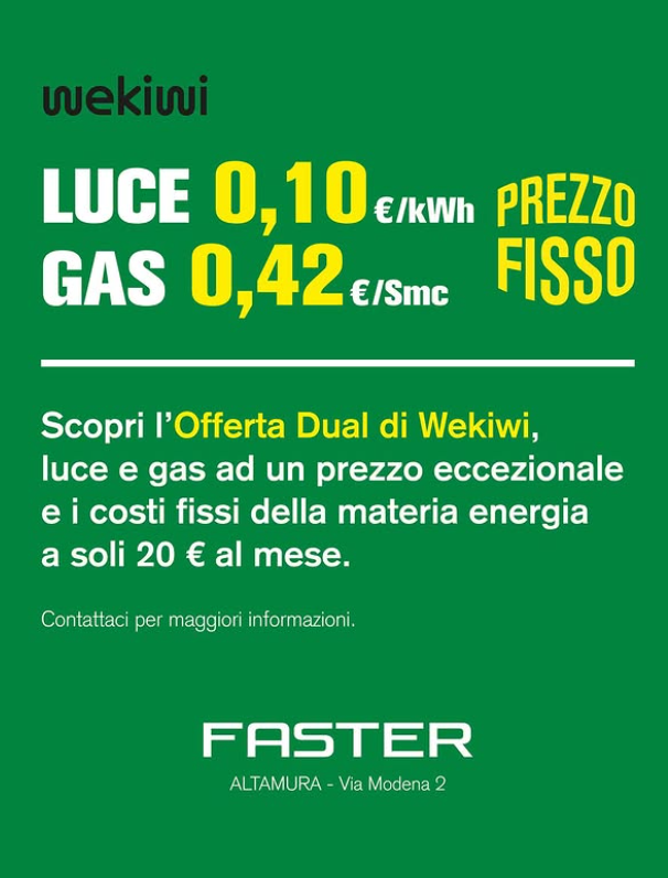 Pubblicità per l'elettricità e il gas Wekiwi, con prezzi per kWh/Smc e un costo fisso mensile.