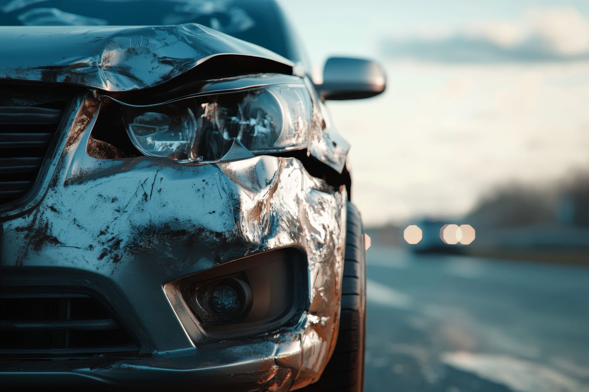 Close-up of a damaged silver car front bumper and headlight at dusk, with blurred road lights in the background