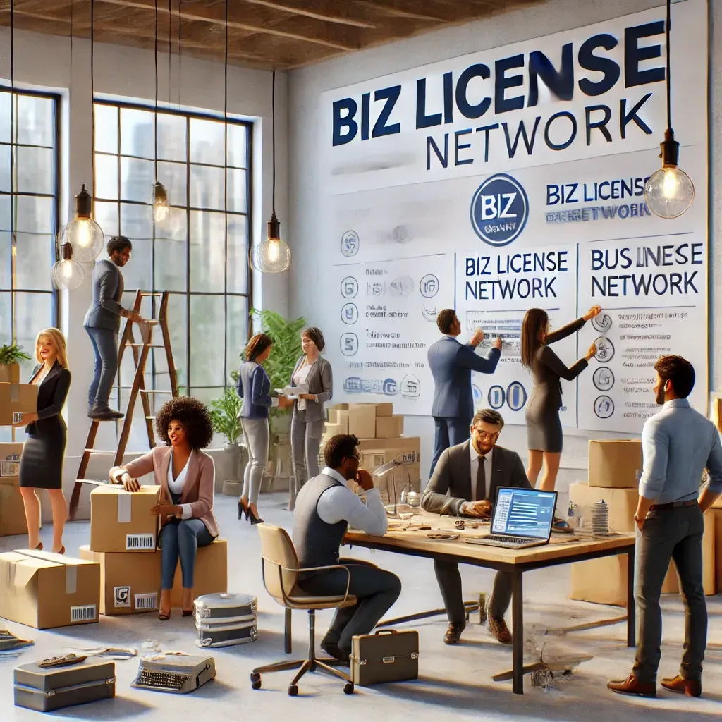 A group of people are working in a room with a sign that says biz license network.