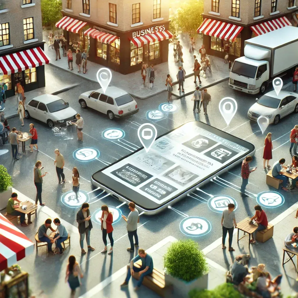 An aerial view of a city street with a large cell phone in the middle of it.