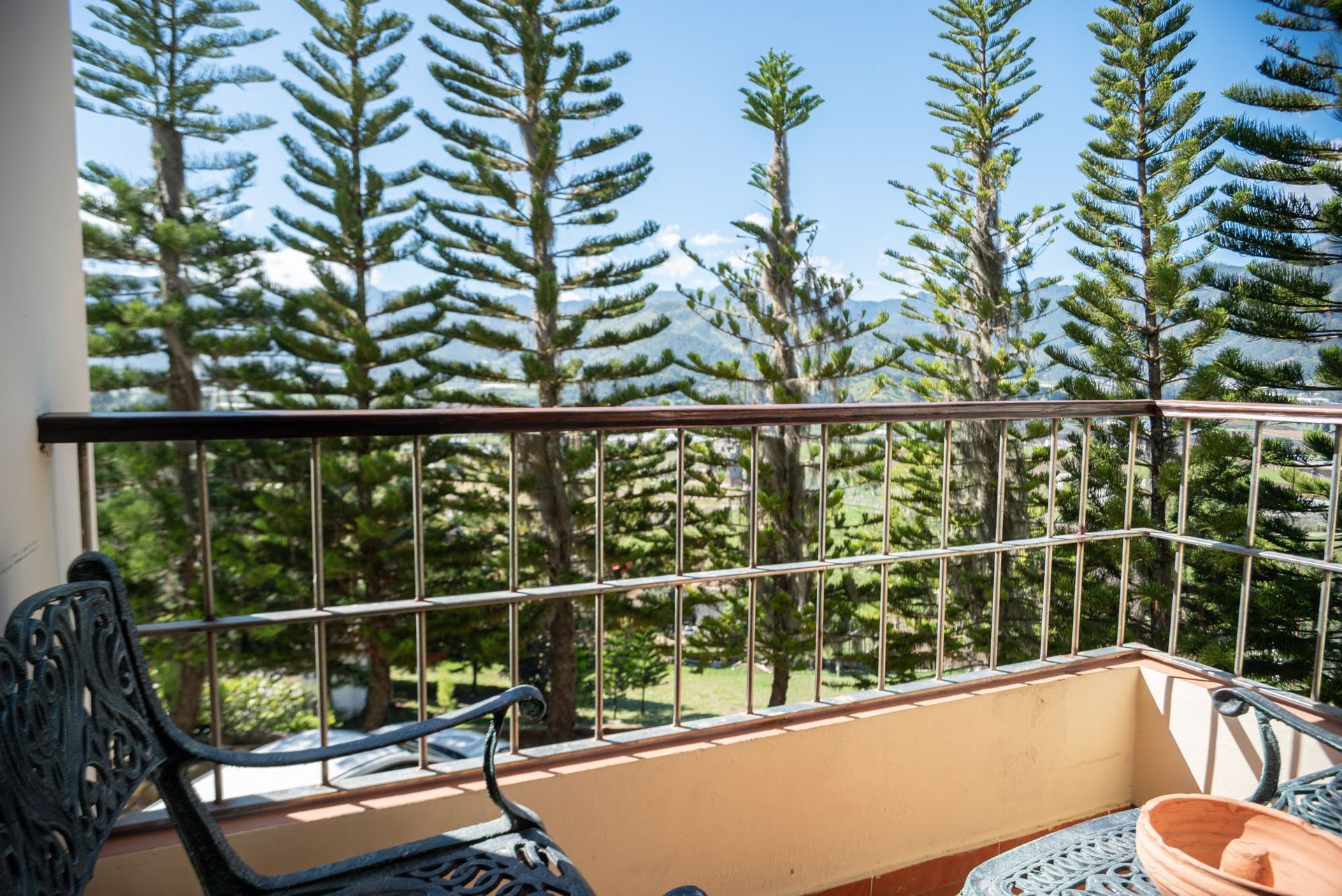 Un balcón con vistas a los árboles y las montañas