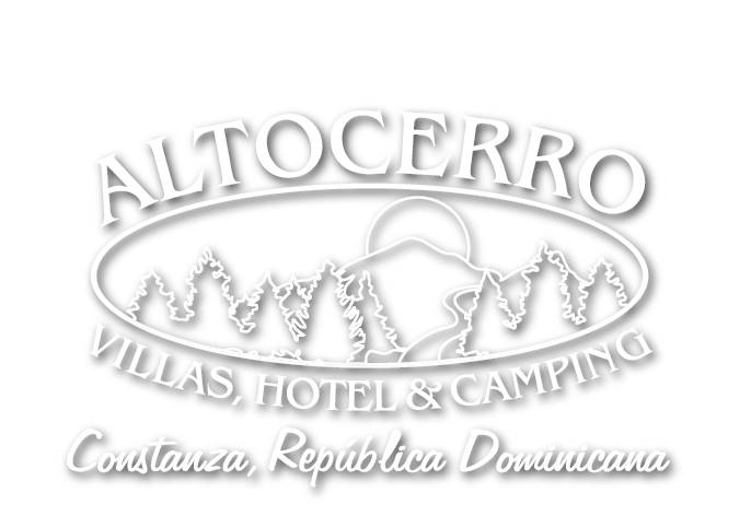 Un logotipo blanco para el hotel y camping Alto Cerro Villas.