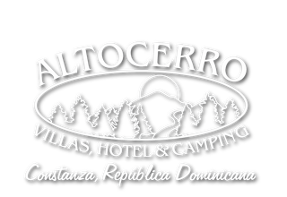 Un logotipo blanco para el hotel y camping Alto Cerro Villas.