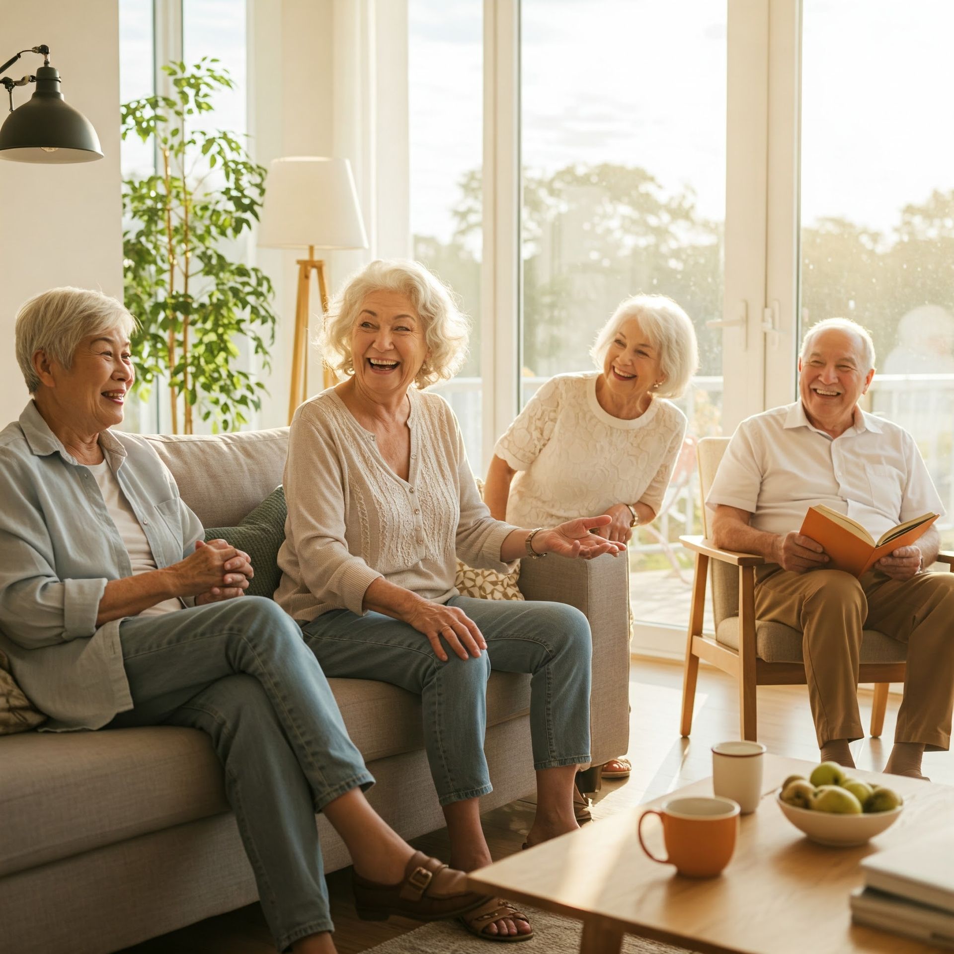 A group of elderly people are sitting on a couch in a living room.