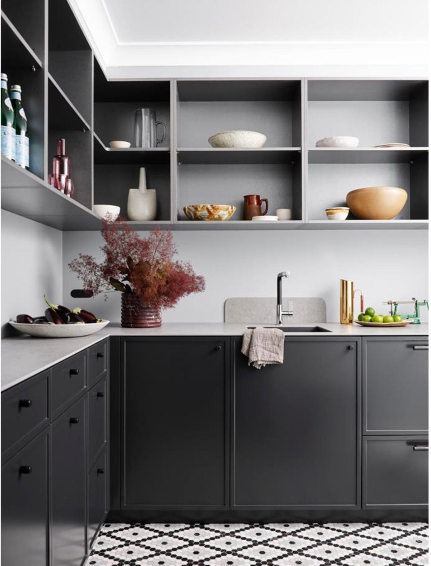 Modern Gray Kitchen with Open Shelving — Lukas Joinery in Maitland, NSW
