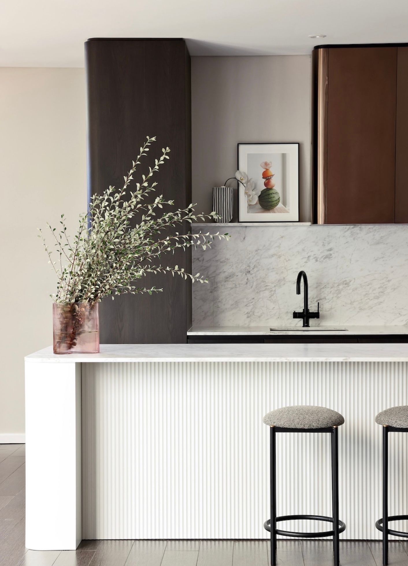 Modern Kitchen with White and Brown Cabinets, Bar, and Stools — Lukas Joinery in Lake Macquarie, NSW