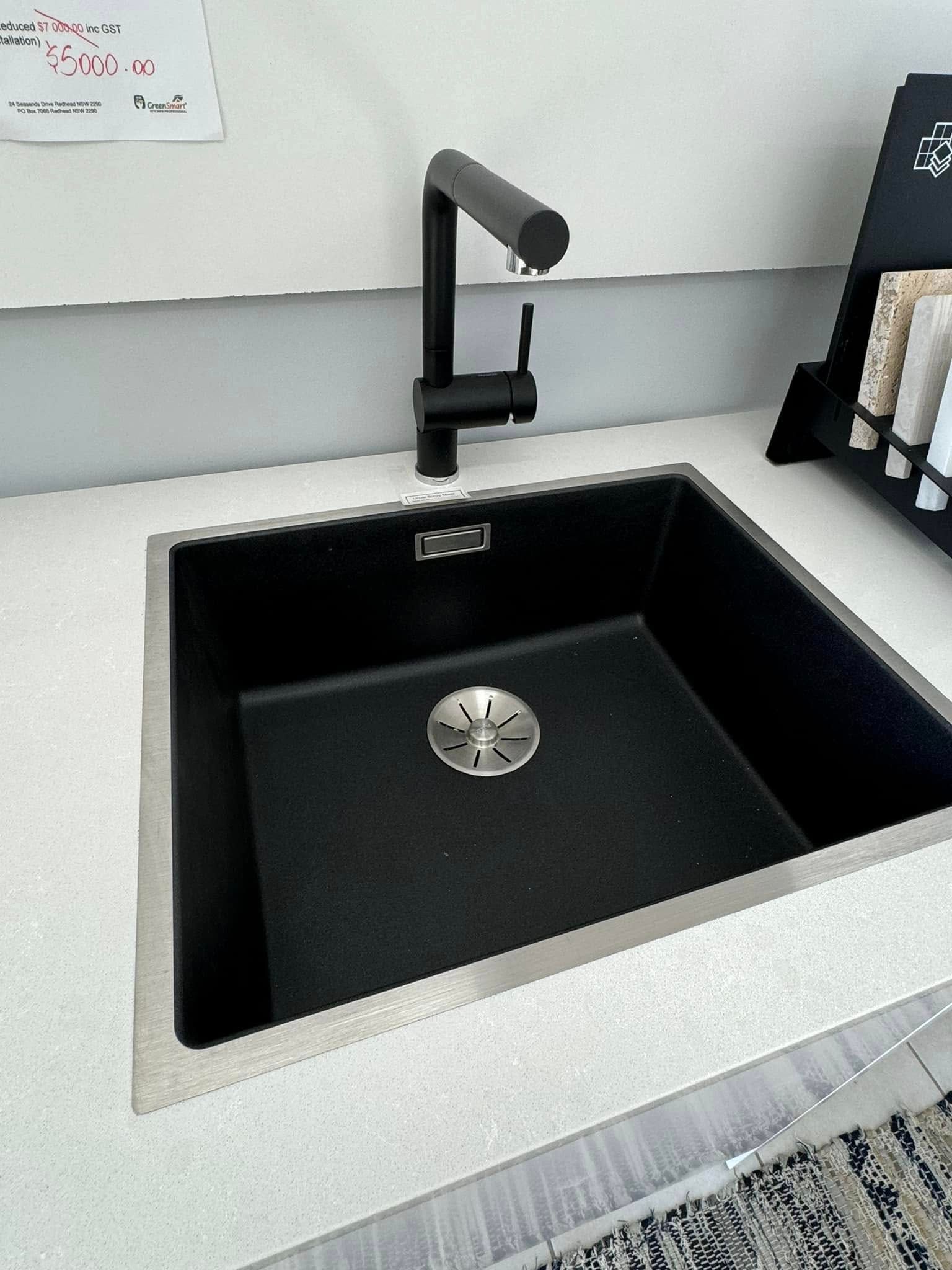 Black Kitchen Sink with A Black Faucet on A White Countertop — Lukas Joinery in Maitland, NSW