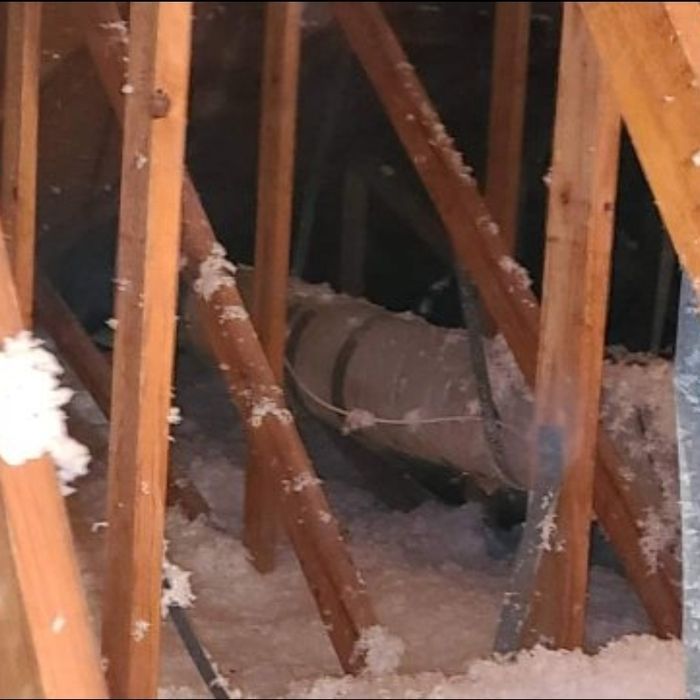 Wooden attic structure with insulation and a gray ventilation duct.
