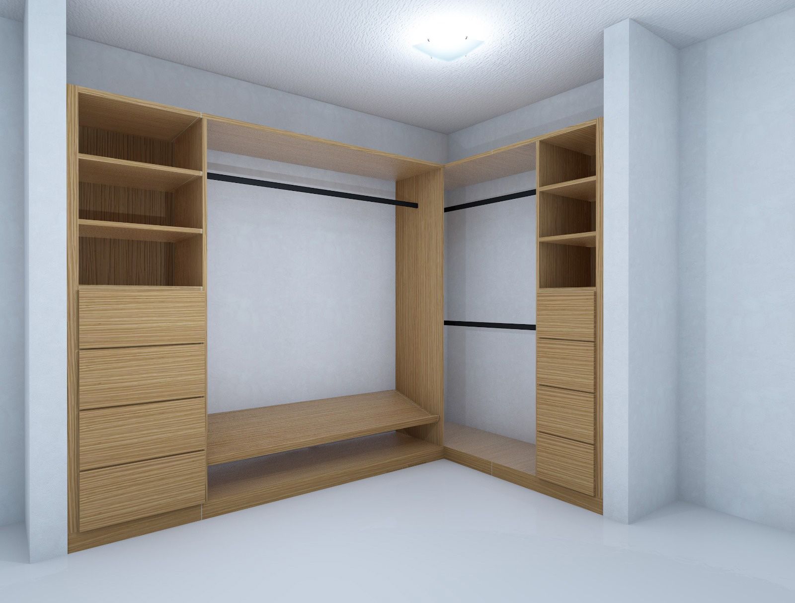 Una representación 3D de un vestidor con estantes y cajones de madera.