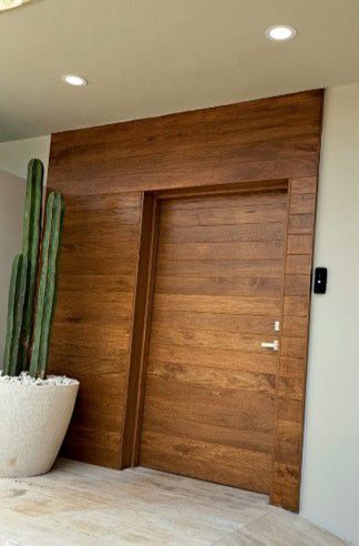 Una puerta de madera con un cactus en una maceta al lado.