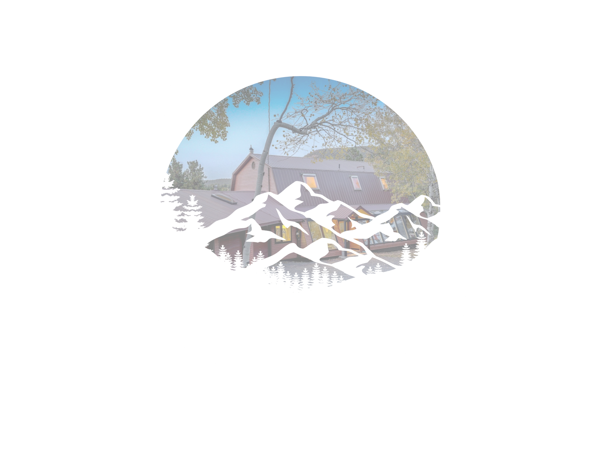 A circle with mountains and trees in it and a house in the background.