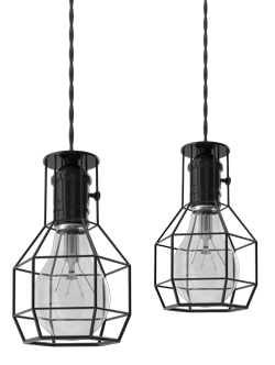 Two pendant lights hanging from a wire with a light bulb inside of them.