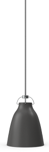 A black pendant light is hanging from a metal pole.