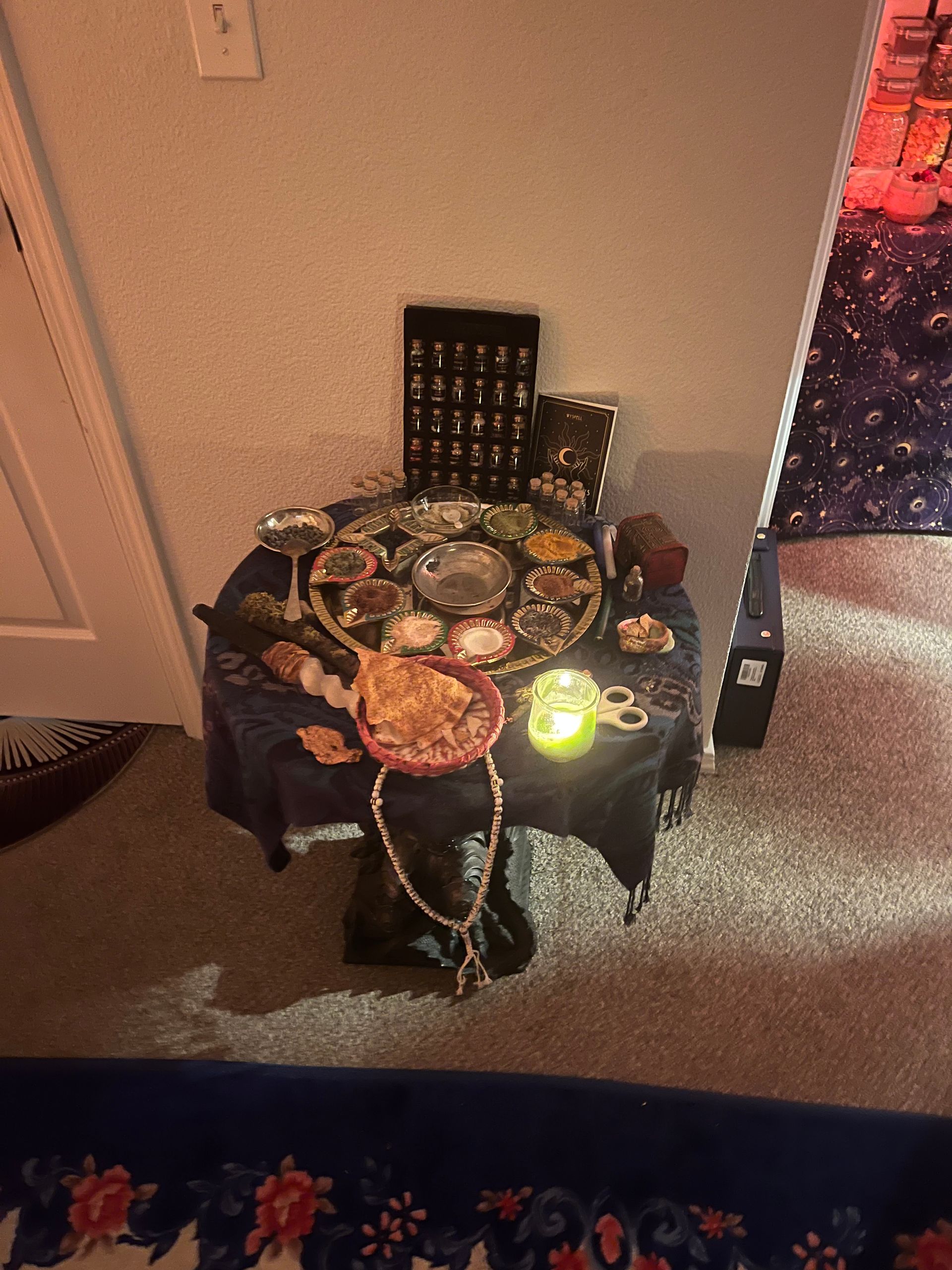 
“Sound bath and chakra healing tools including singing bowls, crystals, and gentle candlelight.”