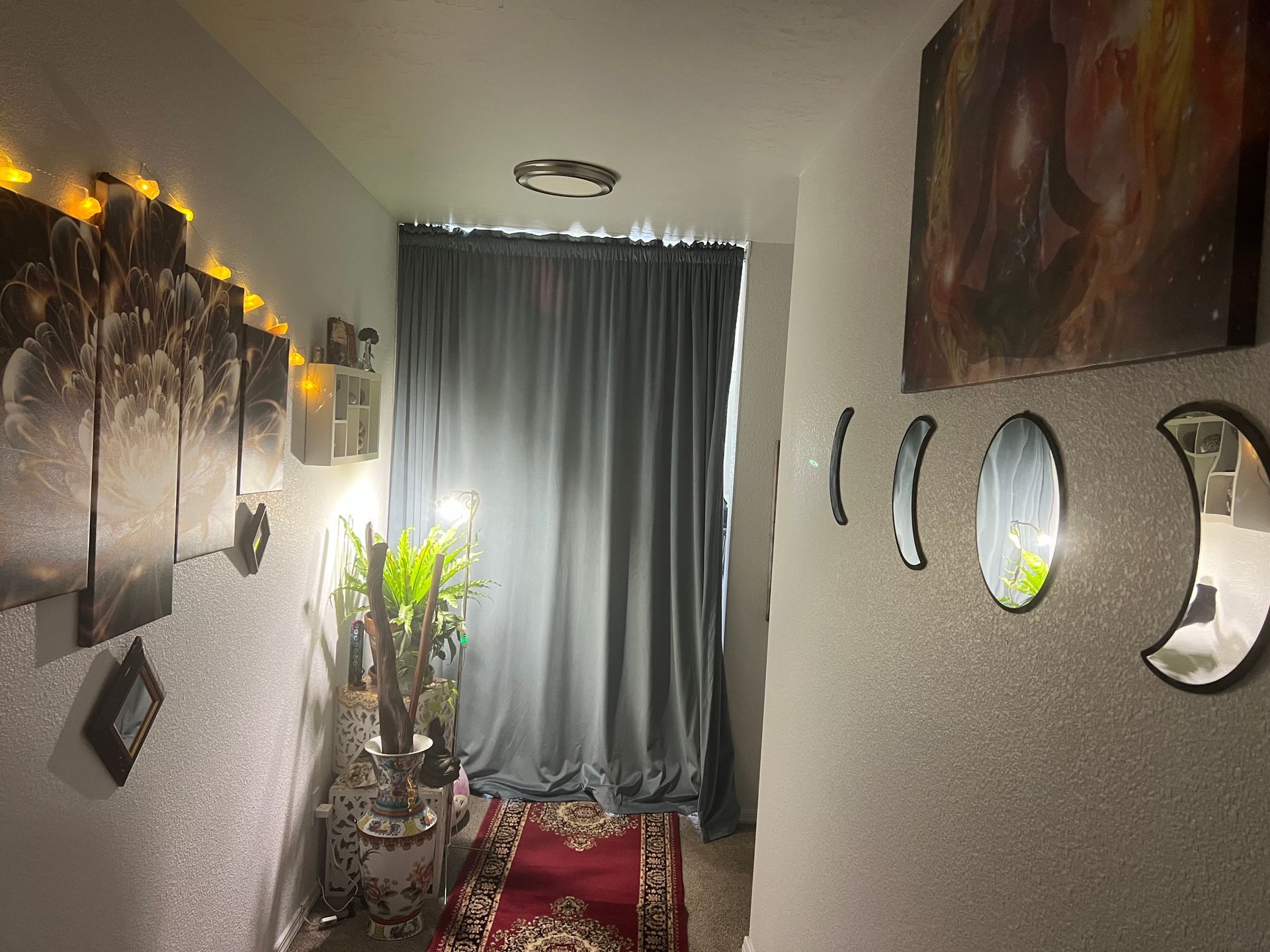 “Sound bath and chakra healing tools including singing bowls, crystals, and gentle candlelight.”