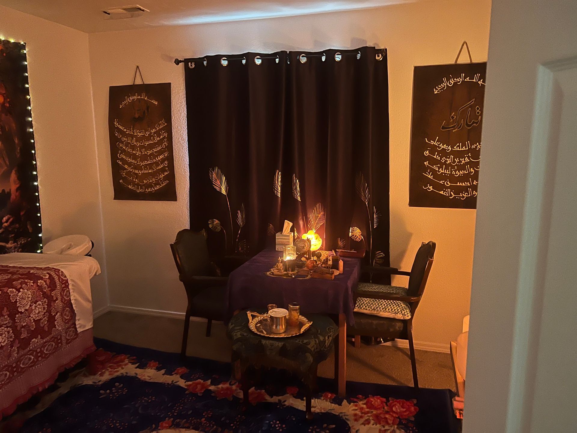 
“Sound bath and chakra healing tools including singing bowls, crystals, and gentle candlelight.”