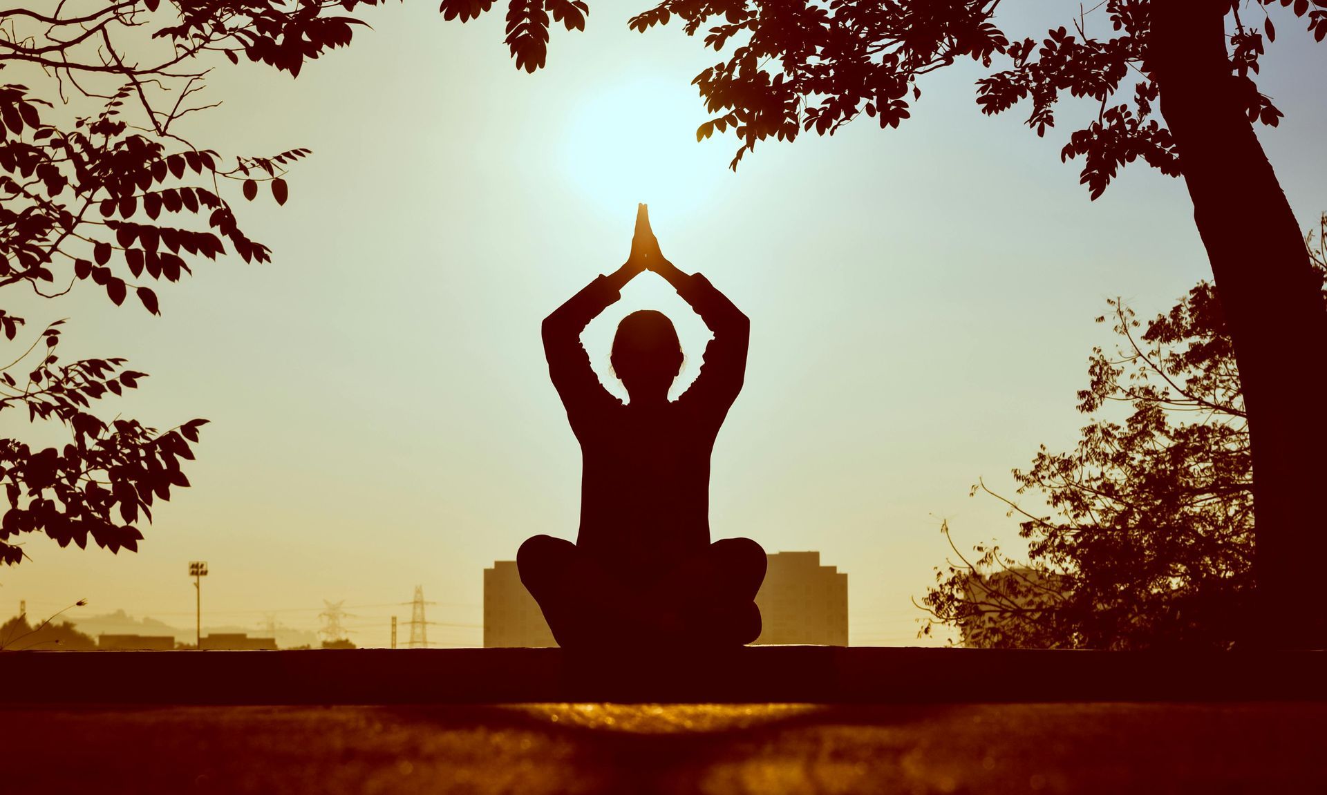 Silhouette of person in lotus position, hands in prayer pose, silhouetted against a bright sky.