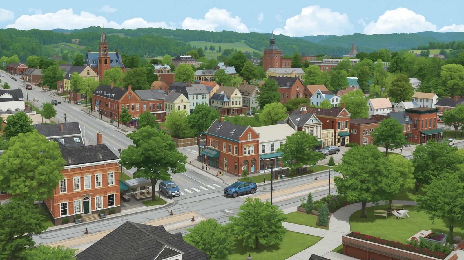 Downtown Berwick, PA with historic buildings and tree-lined streets.